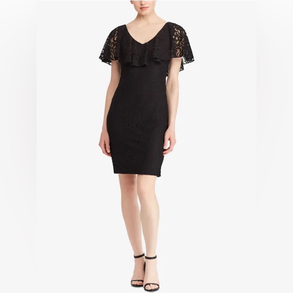 Lauren Ralph Lauren Black Lace Ruffle-Sleeve Sheath Dress